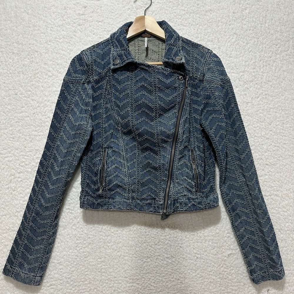 Free People Punched Denim Moto Jacket Herringbone Blue Jean Biker Women's Size 4